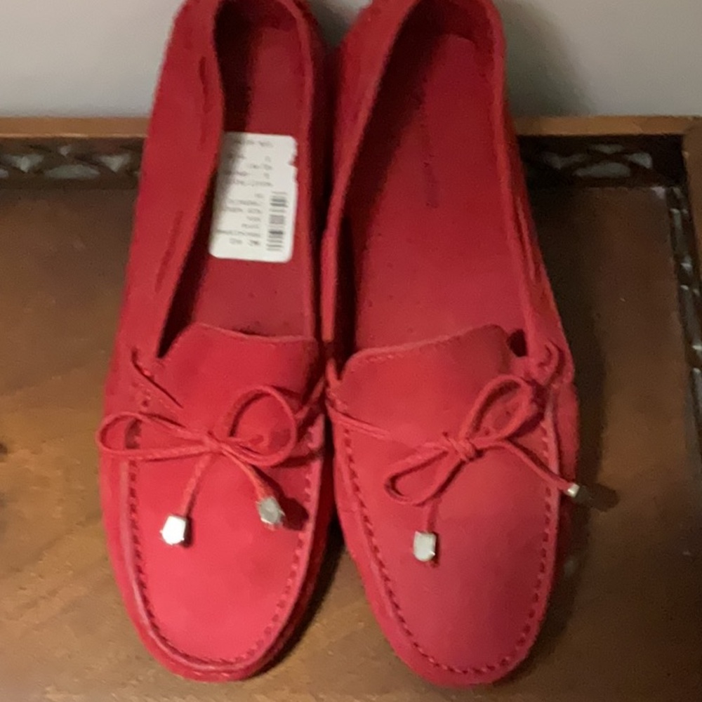 Saks Fifth Avenue Red Suede Loafers with Bow Detail